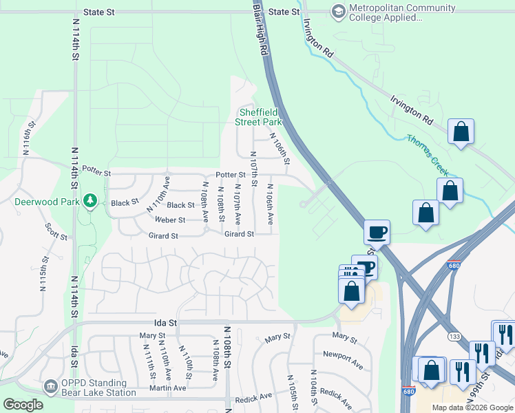 map of restaurants, bars, coffee shops, grocery stores, and more near 7407 North 107th Street in Omaha