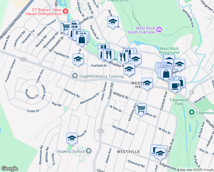 map of restaurants, bars, coffee shops, grocery stores, and more near 143 Vista Terrace in New Haven