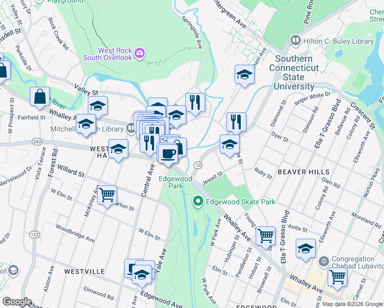 map of restaurants, bars, coffee shops, grocery stores, and more near 50 Fitch Street in New Haven