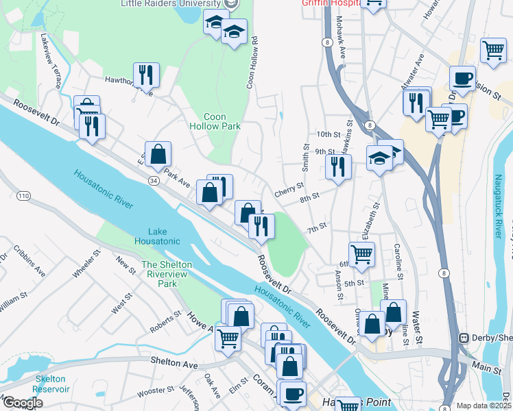 map of restaurants, bars, coffee shops, grocery stores, and more near 12 North Avenue in Derby