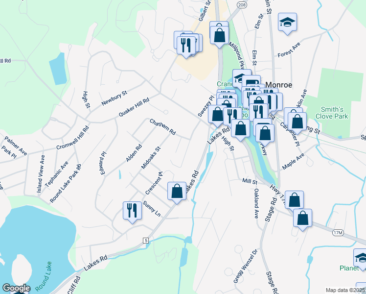map of restaurants, bars, coffee shops, grocery stores, and more near 60 Summit Street in Monroe