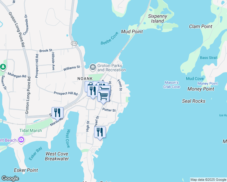 map of restaurants, bars, coffee shops, grocery stores, and more near 28 Church Street in Groton