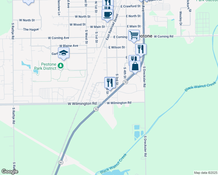 map of restaurants, bars, coffee shops, grocery stores, and more near 479 South 2nd Street in Peotone