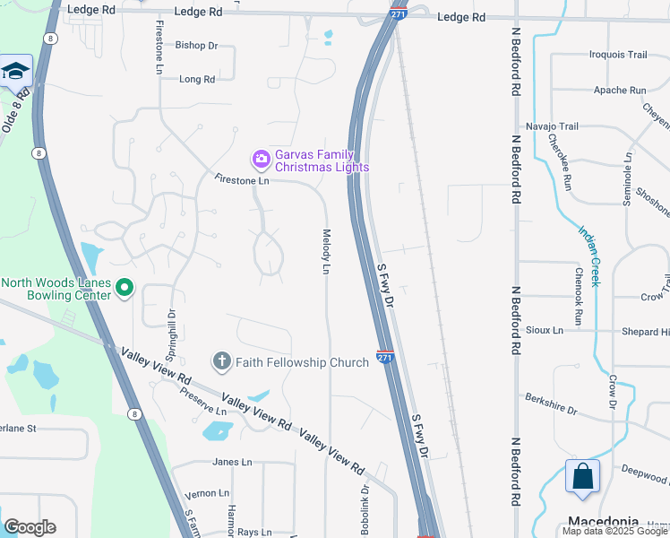 map of restaurants, bars, coffee shops, grocery stores, and more near 8749 Melody Lane in Macedonia