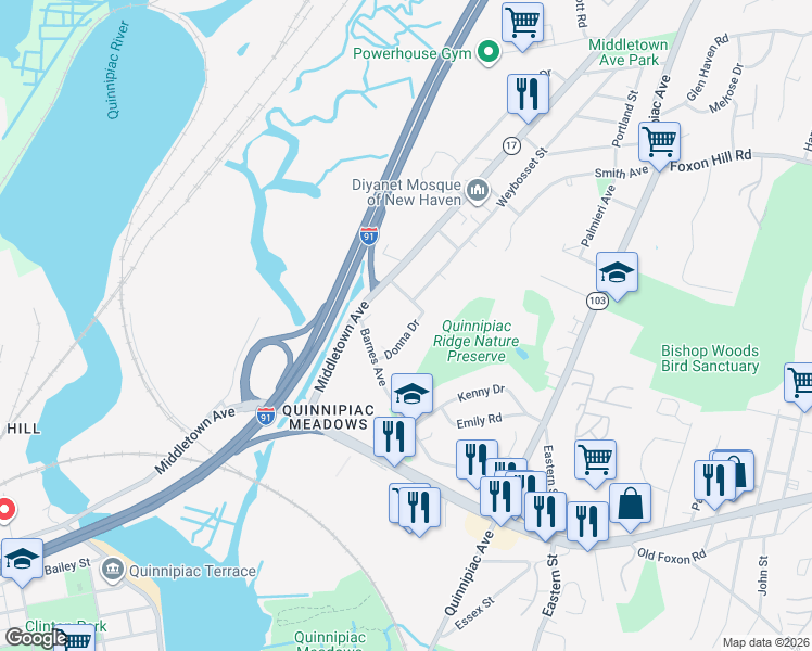 map of restaurants, bars, coffee shops, grocery stores, and more near 60 Donna Drive in New Haven