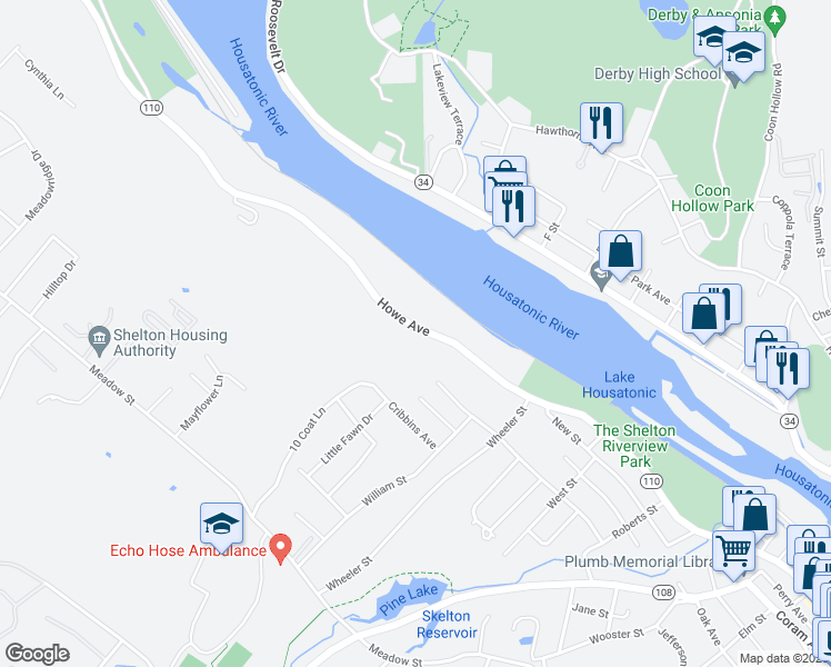 map of restaurants, bars, coffee shops, grocery stores, and more near 936 Howe Avenue in Shelton
