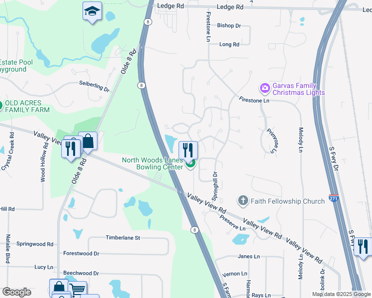 map of restaurants, bars, coffee shops, grocery stores, and more near 276 Finchfield Circle in Macedonia