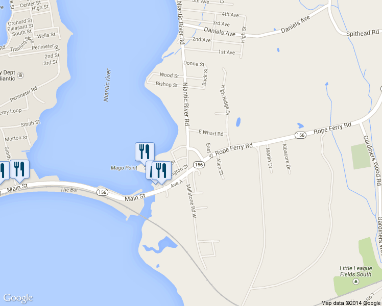 map of restaurants, bars, coffee shops, grocery stores, and more near 13 Niantic River Road in Waterford