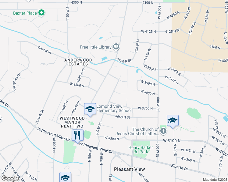 map of restaurants, bars, coffee shops, grocery stores, and more near 798 3850 North Street in Pleasant View