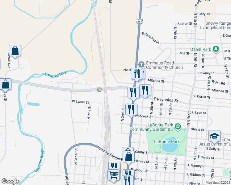 map of restaurants, bars, coffee shops, grocery stores, and more near 101 East McConnell Street in Laramie