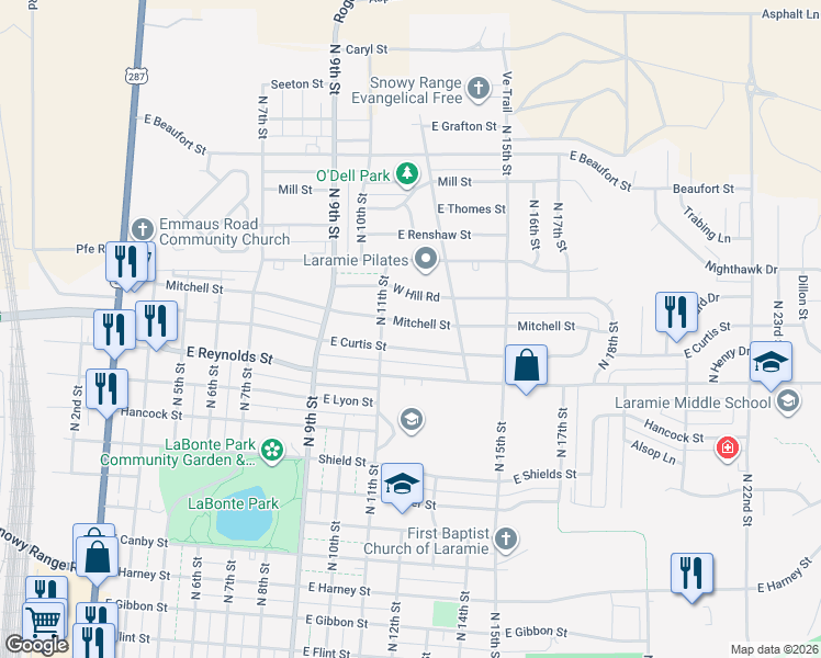 map of restaurants, bars, coffee shops, grocery stores, and more near 1120 Mitchell Street in Laramie