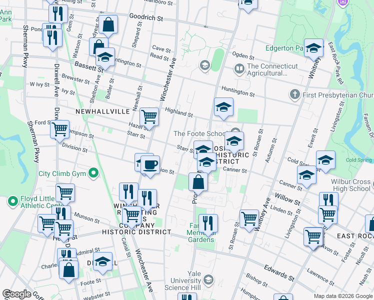 map of restaurants, bars, coffee shops, grocery stores, and more near Mansfield St & Starr St in New Haven