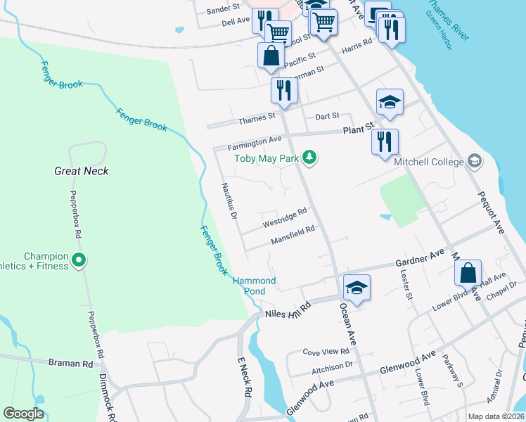 map of restaurants, bars, coffee shops, grocery stores, and more near 41 Westridge Road in New London