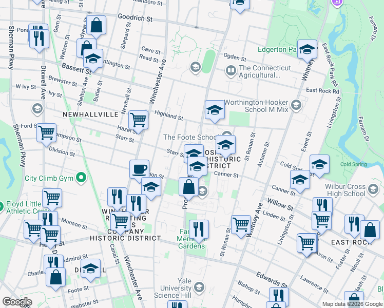 map of restaurants, bars, coffee shops, grocery stores, and more near 517 Prospect Street in New Haven