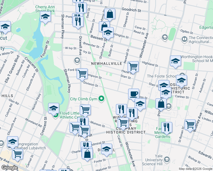 map of restaurants, bars, coffee shops, grocery stores, and more near 207 Division Street in New Haven