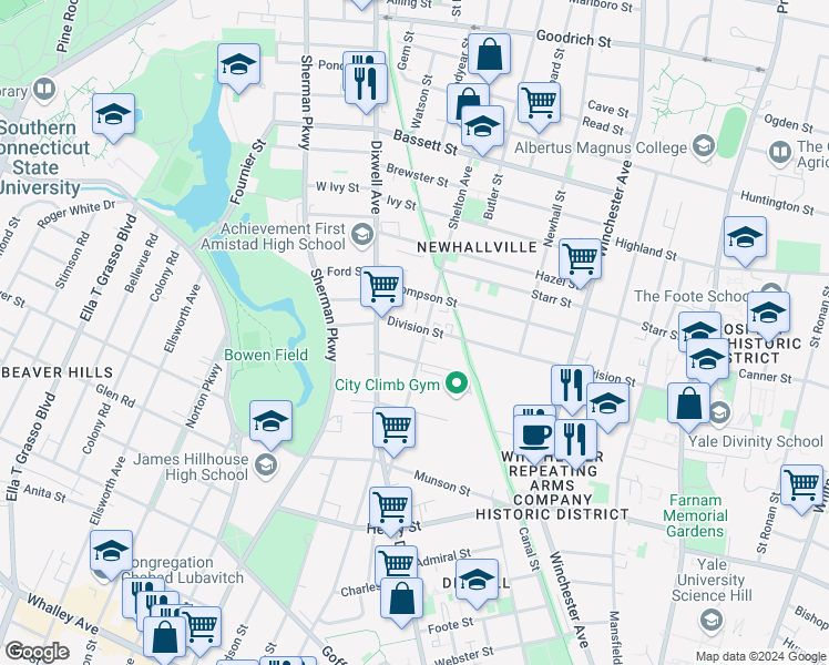 map of restaurants, bars, coffee shops, grocery stores, and more near 143 Shelton Avenue in New Haven