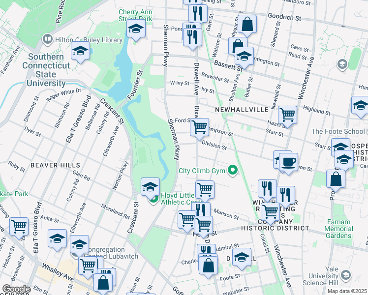 map of restaurants, bars, coffee shops, grocery stores, and more near 320 West Division Street in New Haven