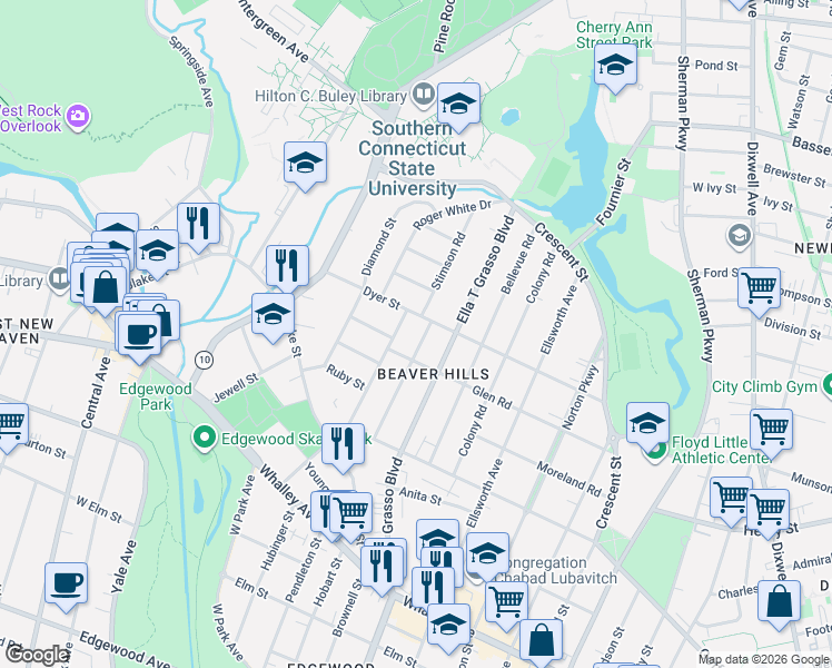 map of restaurants, bars, coffee shops, grocery stores, and more near 236 Roydon Road in New Haven
