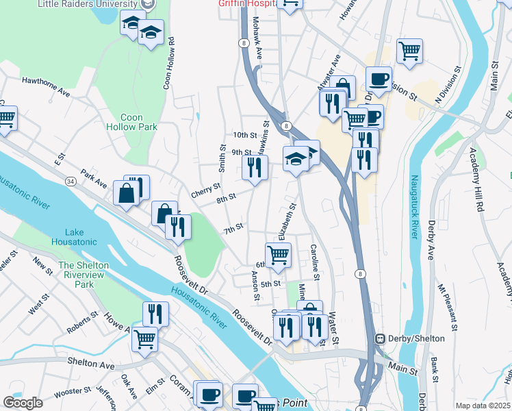 map of restaurants, bars, coffee shops, grocery stores, and more near 108 Hawkins Street in Derby
