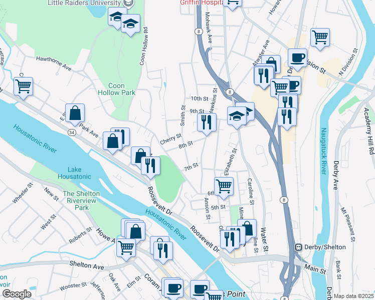 map of restaurants, bars, coffee shops, grocery stores, and more near 38 Smith Street in Derby