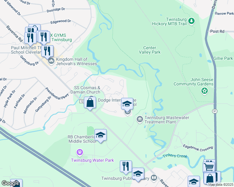 map of restaurants, bars, coffee shops, grocery stores, and more near 9417 Trivue Circle in Twinsburg