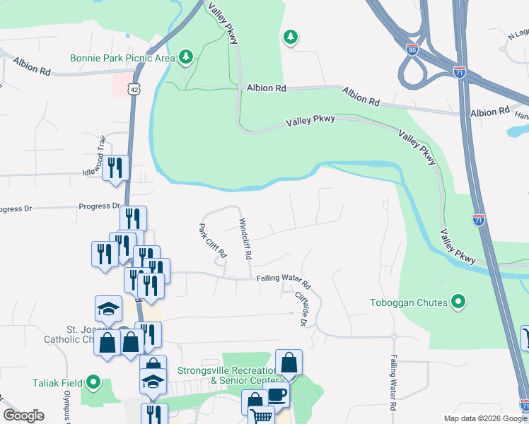 map of restaurants, bars, coffee shops, grocery stores, and more near 12199 Windcliff Road in Strongsville