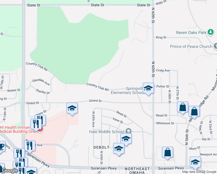 map of restaurants, bars, coffee shops, grocery stores, and more near 6416 Country Club Road in Omaha