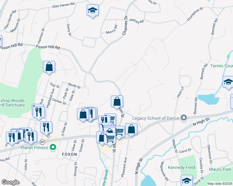 map of restaurants, bars, coffee shops, grocery stores, and more near 140 Thompson Street in East Haven