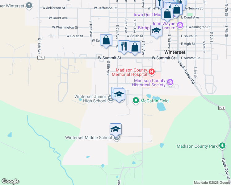 map of restaurants, bars, coffee shops, grocery stores, and more near 720 Husky Drive in Winterset