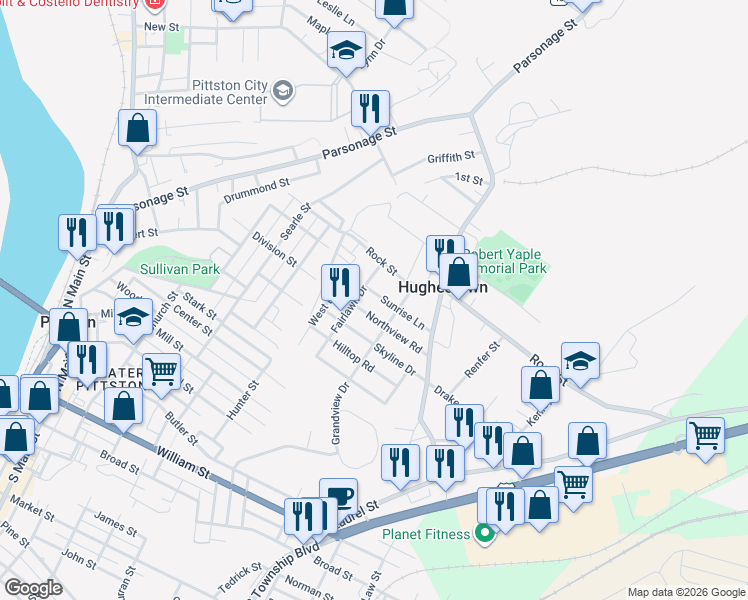 map of restaurants, bars, coffee shops, grocery stores, and more near 23 Sunrise Lane in Hughestown