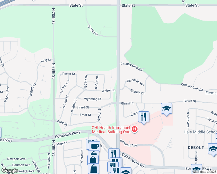 map of restaurants, bars, coffee shops, grocery stores, and more near 7406 North 73rd Circle in Omaha