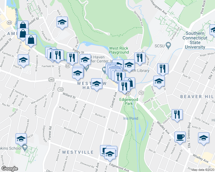 map of restaurants, bars, coffee shops, grocery stores, and more near 71 Fountain Street in New Haven