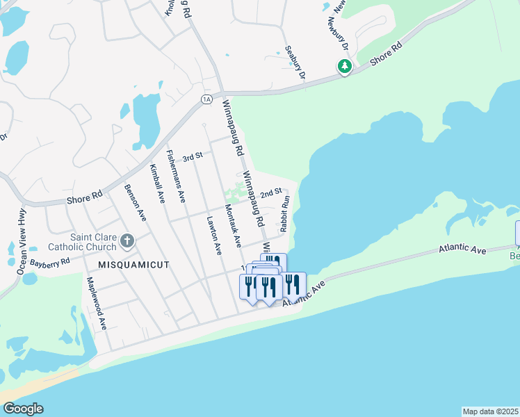 map of restaurants, bars, coffee shops, grocery stores, and more near 55 Winnapaug Road in Westerly
