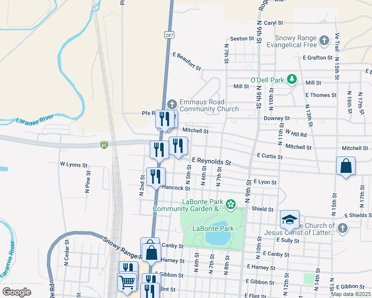 map of restaurants, bars, coffee shops, grocery stores, and more near 1575 North 4th Street in Laramie