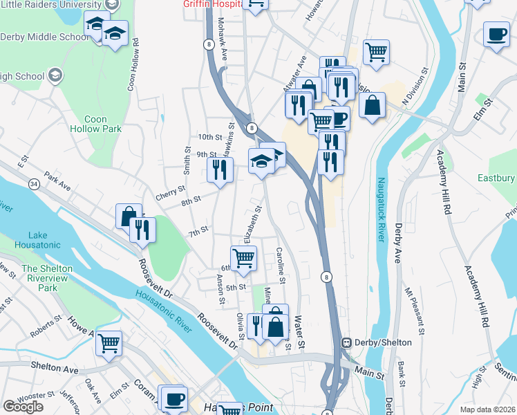 map of restaurants, bars, coffee shops, grocery stores, and more near 304 Elizabeth Street in Derby