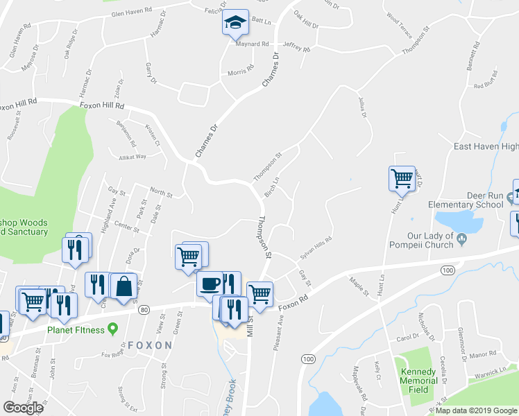 map of restaurants, bars, coffee shops, grocery stores, and more near 140 Thompson Street in East Haven