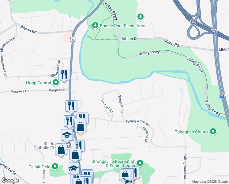map of restaurants, bars, coffee shops, grocery stores, and more near 12167 Park Cliff Road in Strongsville