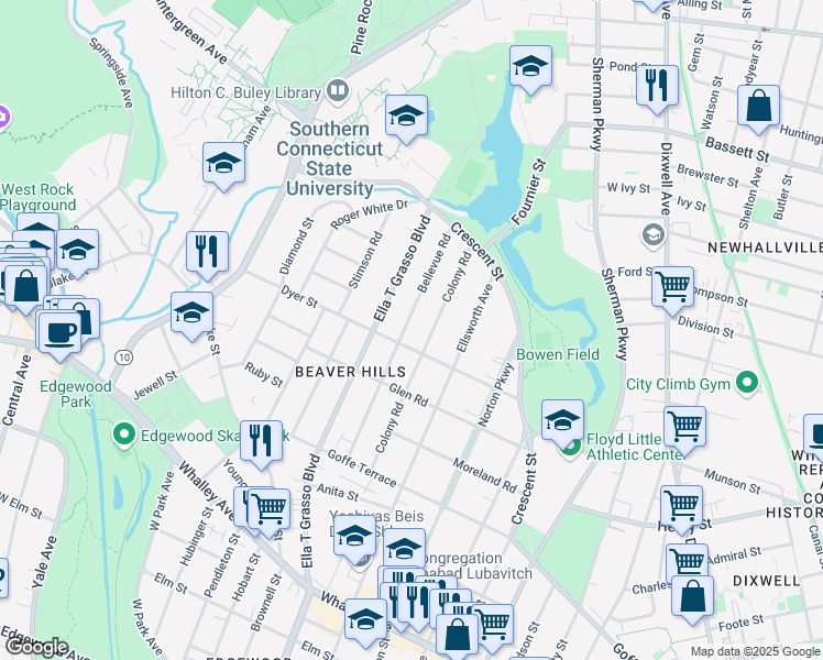 map of restaurants, bars, coffee shops, grocery stores, and more near 305 Bellevue Road in New Haven