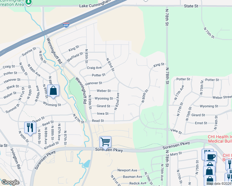 map of restaurants, bars, coffee shops, grocery stores, and more near 8253 Weber Street in Omaha