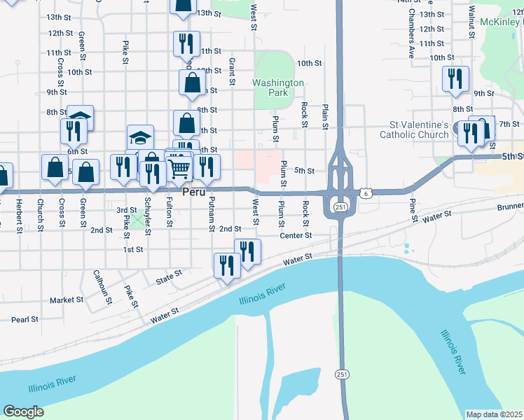 map of restaurants, bars, coffee shops, grocery stores, and more near 626 West Street in Peru