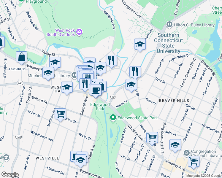 map of restaurants, bars, coffee shops, grocery stores, and more near 50 Fitch Street in New Haven