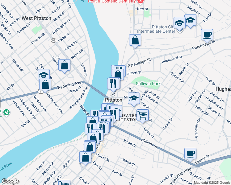 map of restaurants, bars, coffee shops, grocery stores, and more near in Pittston