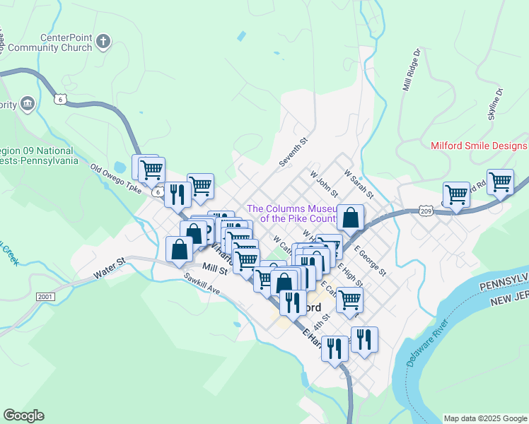 map of restaurants, bars, coffee shops, grocery stores, and more near Currant Alley in Milford