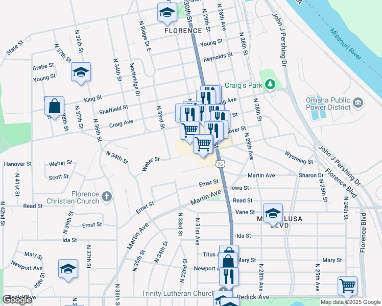 map of restaurants, bars, coffee shops, grocery stores, and more near 7408 North 30th Street in Omaha