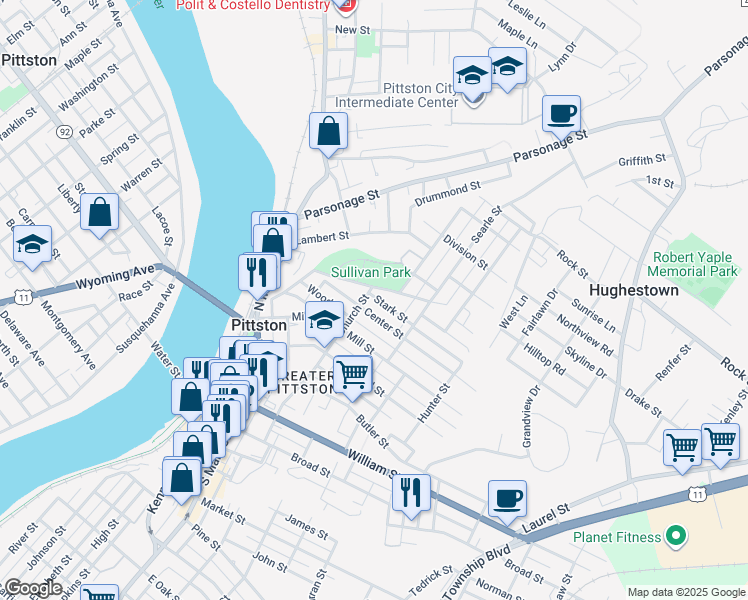 map of restaurants, bars, coffee shops, grocery stores, and more near 5 Stark Street in Pittston