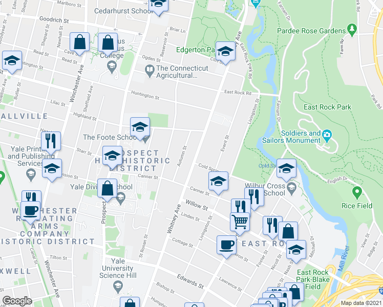 map of restaurants, bars, coffee shops, grocery stores, and more near 55 Autumn Street in New Haven