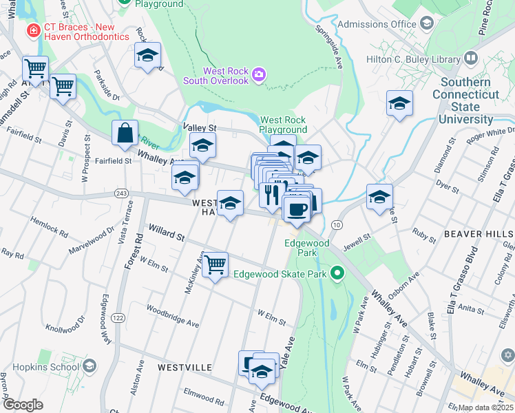 map of restaurants, bars, coffee shops, grocery stores, and more near 71 Fountain Street in New Haven
