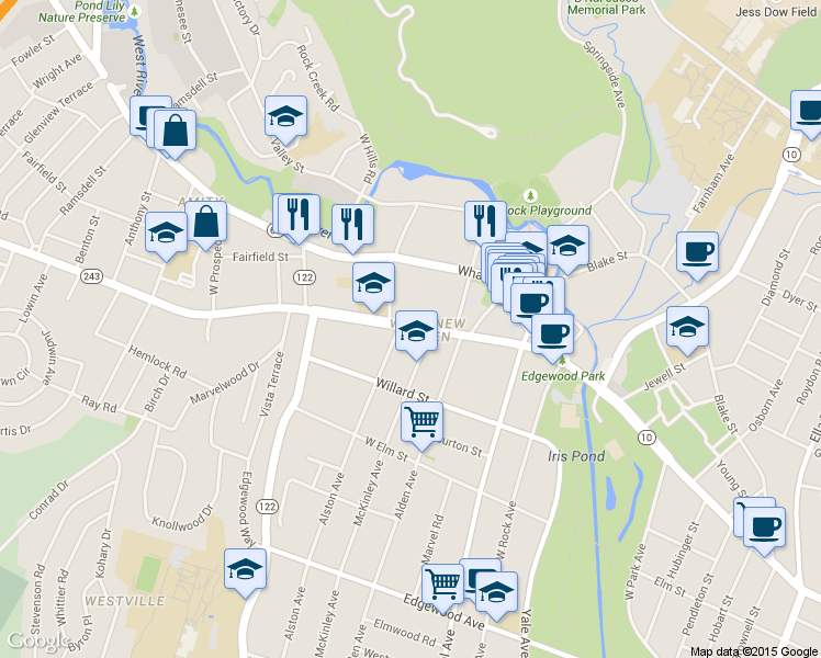 map of restaurants, bars, coffee shops, grocery stores, and more near 154 Fountain Street in New Haven