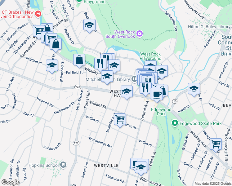 map of restaurants, bars, coffee shops, grocery stores, and more near in New Haven