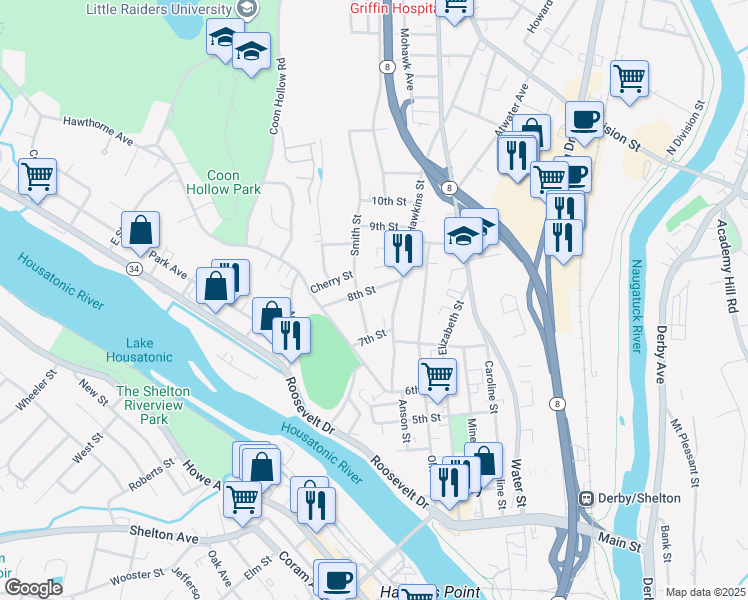 map of restaurants, bars, coffee shops, grocery stores, and more near 38 Smith Street in Derby